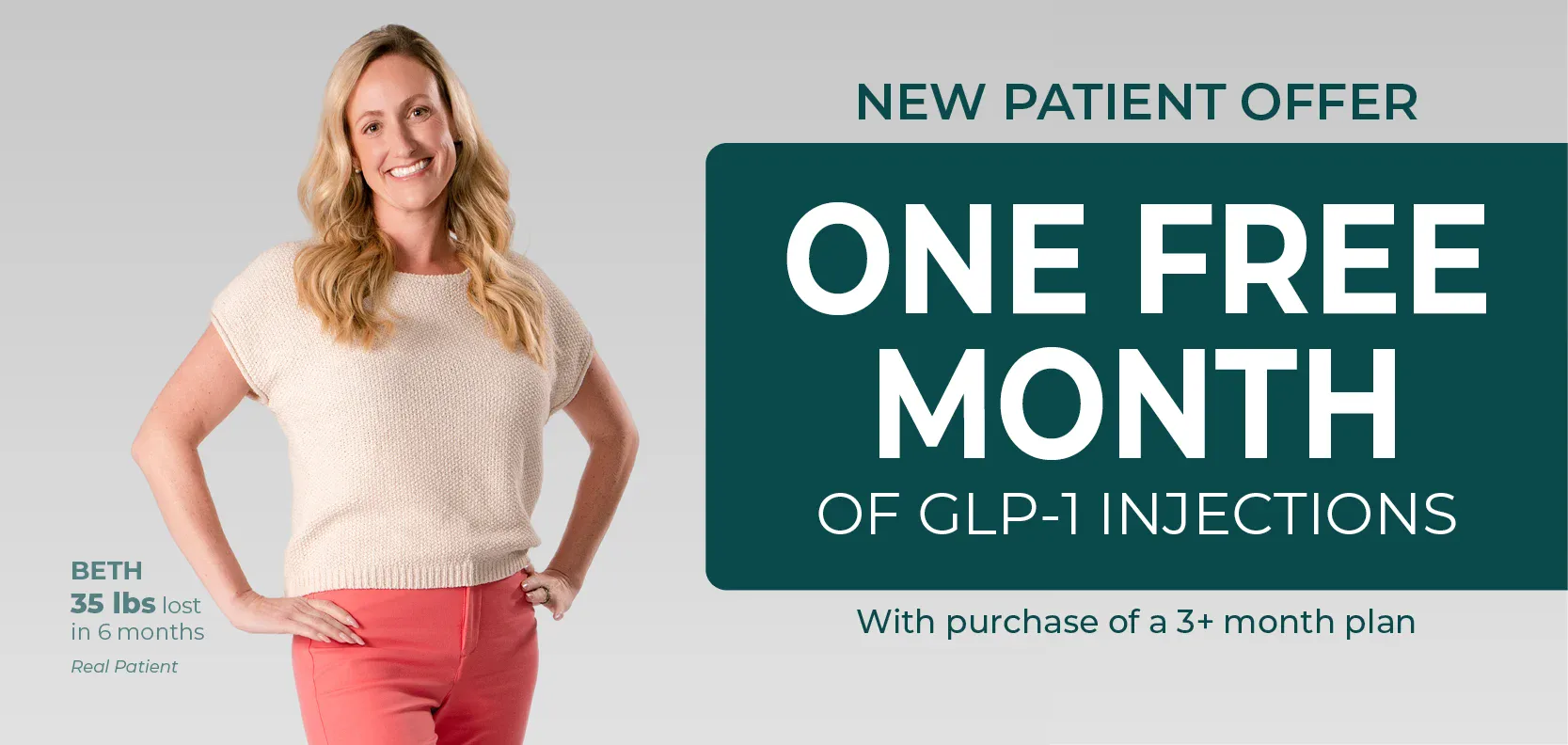 Smiling woman stands with hand on hip next to a promotional offer for one free month of GLP-1 injections with purchase of a three-month plan. Text notes 35 lbs lost in 6 months.