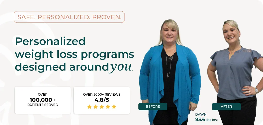 Two women stand side by side in "before" and "after" poses, illustrating weight loss; text advertises personalized weight loss programs and shows high ratings and patient numbers.
